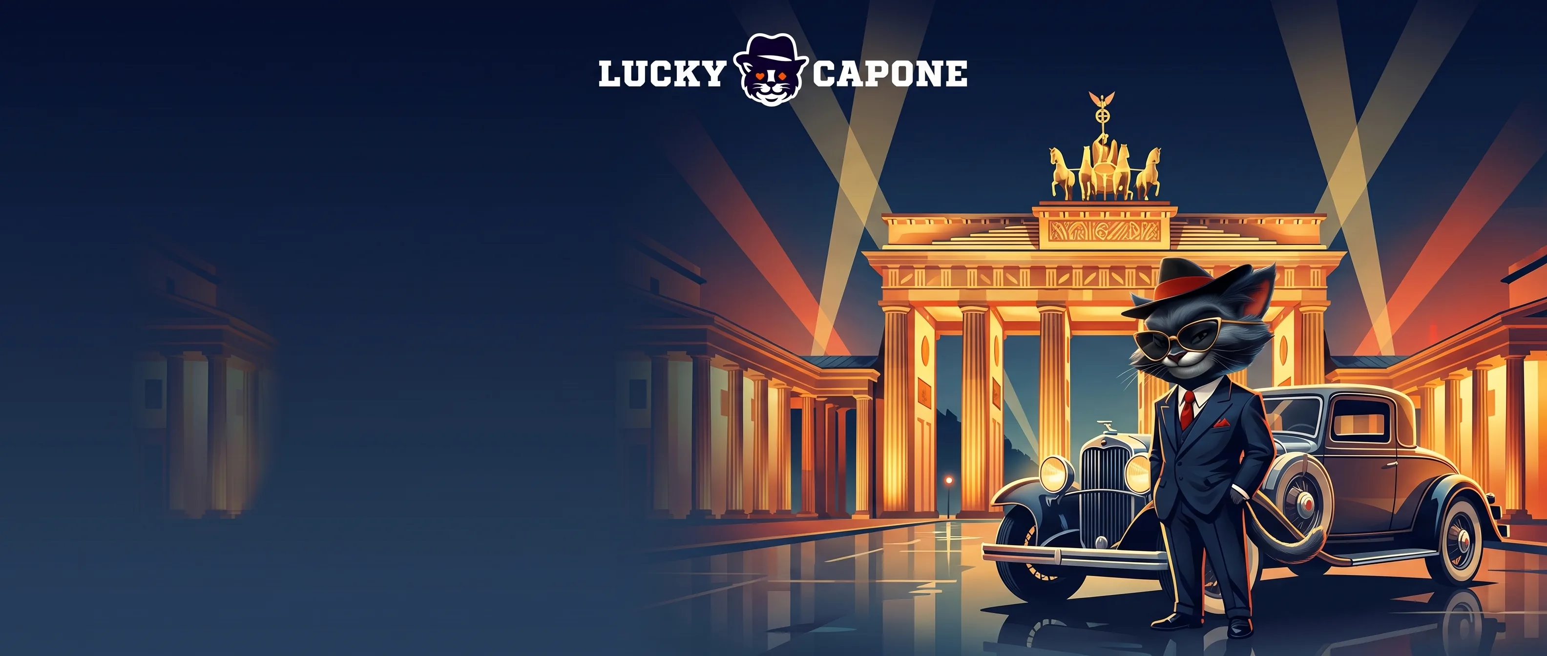 Lucky Capone mit Oldtimer vor dem Brandenburger Tor im goldenen Scheinwerferlicht